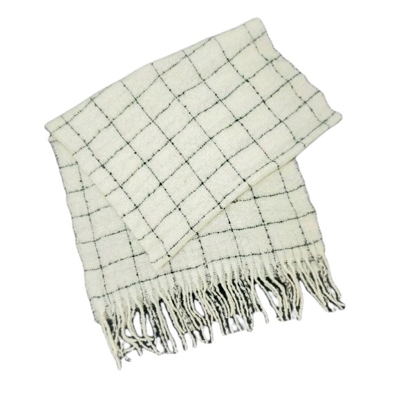 LOFT Accessories - LOFT Women's Wool Blend Scarf Cream Black Check Rectangular One Size Fringe